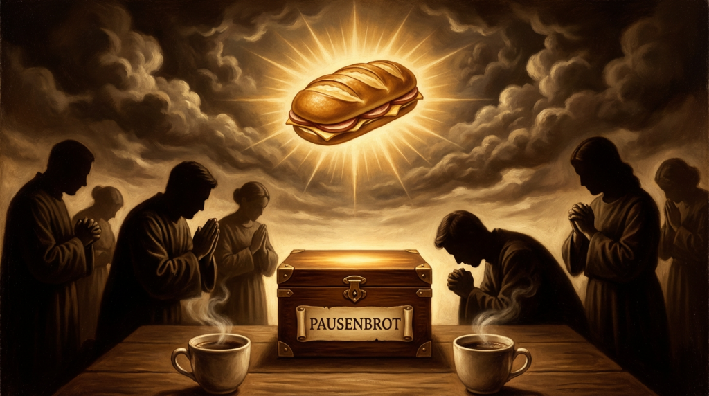 Ölgemälde: Der Orden der immerwährenden Mittagspause. Büroangestellte beten ein leuchtendes Pausenbrot an. Copywriting, Blog.