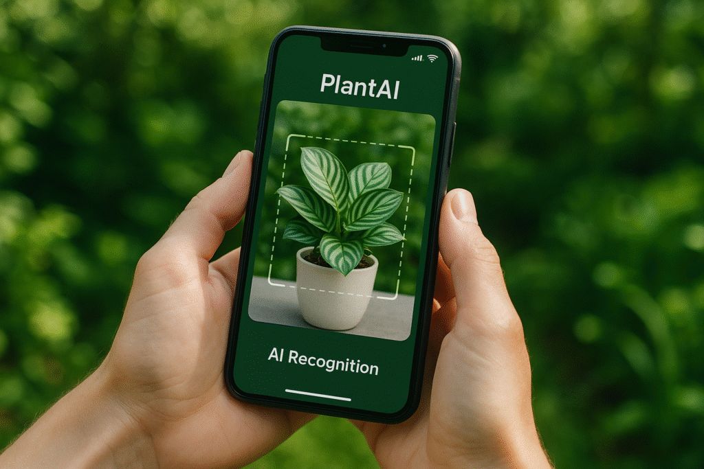 KI-Texterstellung: Hände halten Smartphone mit PlantAI-App zur Pflanzenerkennung. Symbolisiert KI-Kommunikation.