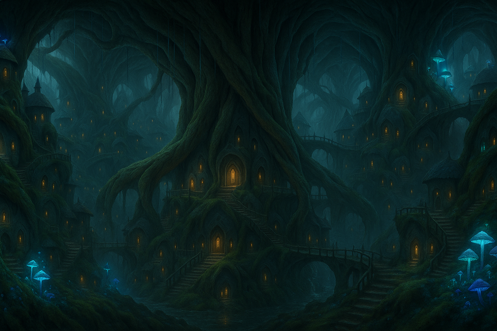 Mystische Wurzelstadt Worldbuilding: Fantasy-Siedlung in Baumwurzeln, leuchtende Fenster & Pilze. Storytelling, Copywriting.