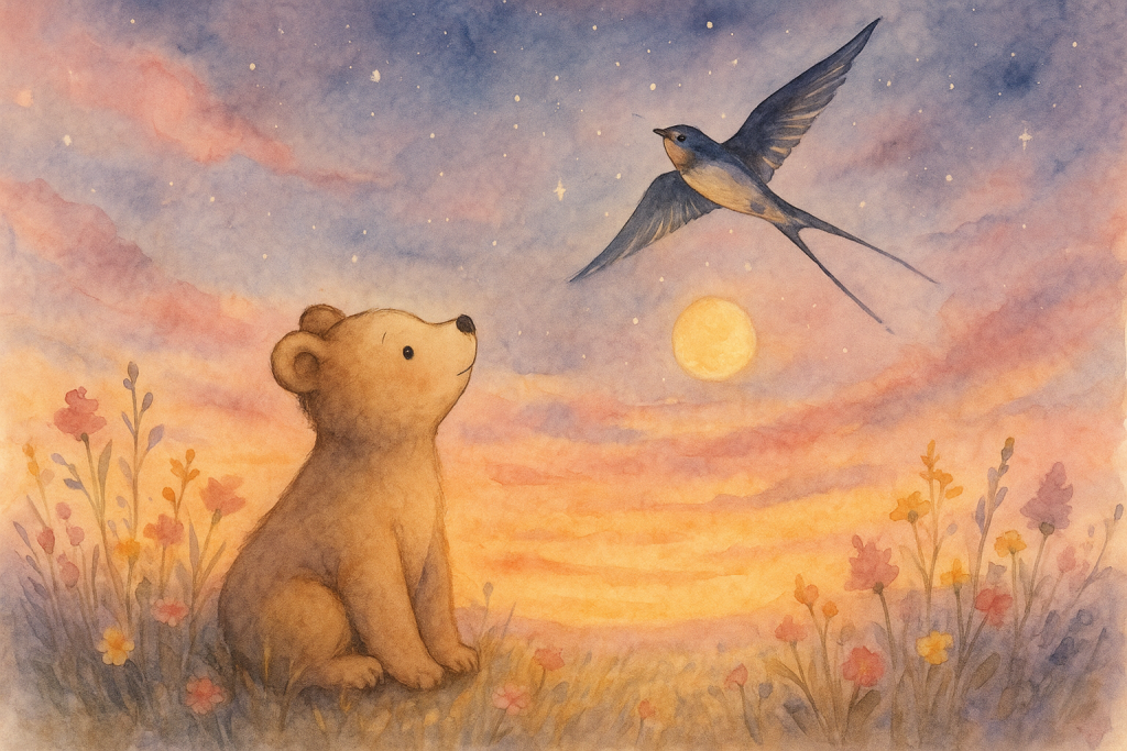 Aquarell: Bärchen und Schwalbe bei Sonnenuntergang. Songtext, Storytelling, Copywriting, Bairytale.