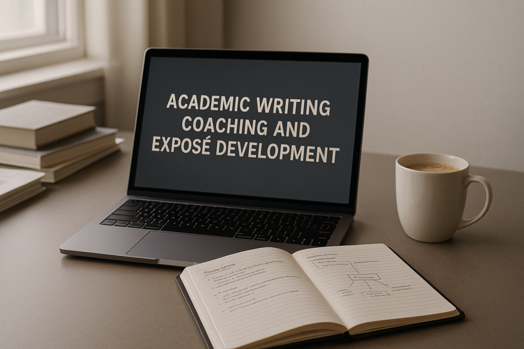 Academic Writing Coaching und Exposé-Entwicklung auf Laptop-Bildschirm; Schreibtisch mit Notizbuch und Kaffee.