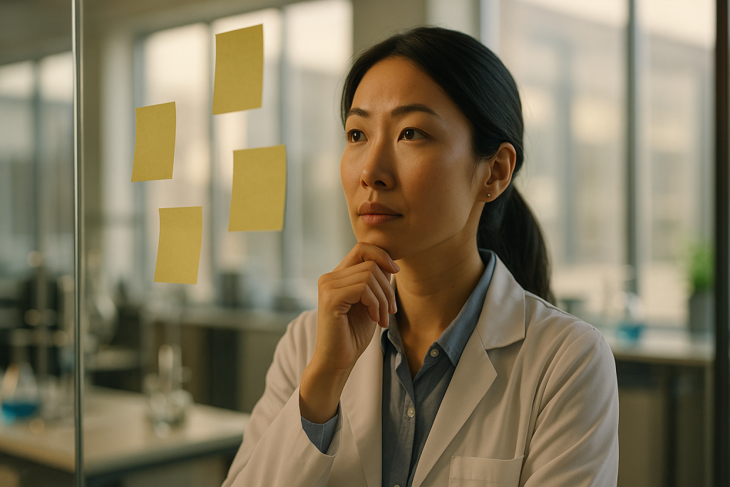 Frau im Laborkittel blickt nachdenklich auf Haftnotizen an Glaswand. Keywords: Copywriting, Storytelling, Bildung, Kommunikation.