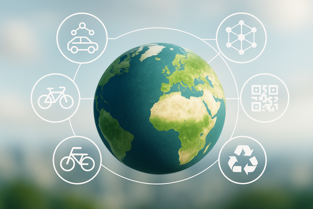 Nachhaltiger Konsum: Globus mit Icons für Recycling, Sharing, Mobilität und Blockchain. SEO-Textservice Bairytale.