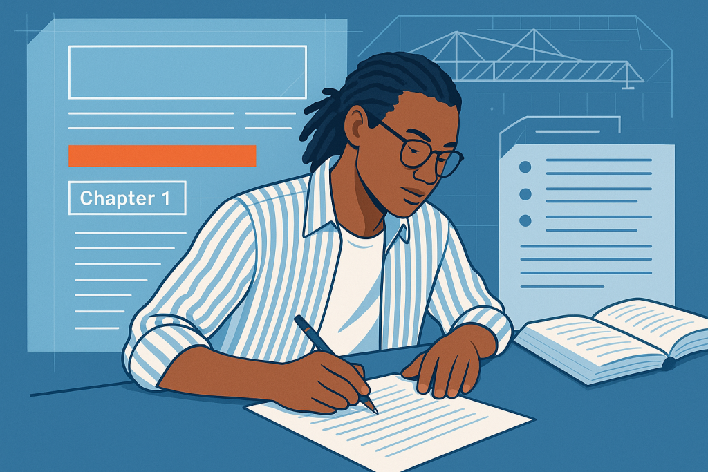 Strukturberatung für Texte: Illustration einer Person beim Schreiben, Gliederung und Bauplan für Copywriting und Ghostwriting.