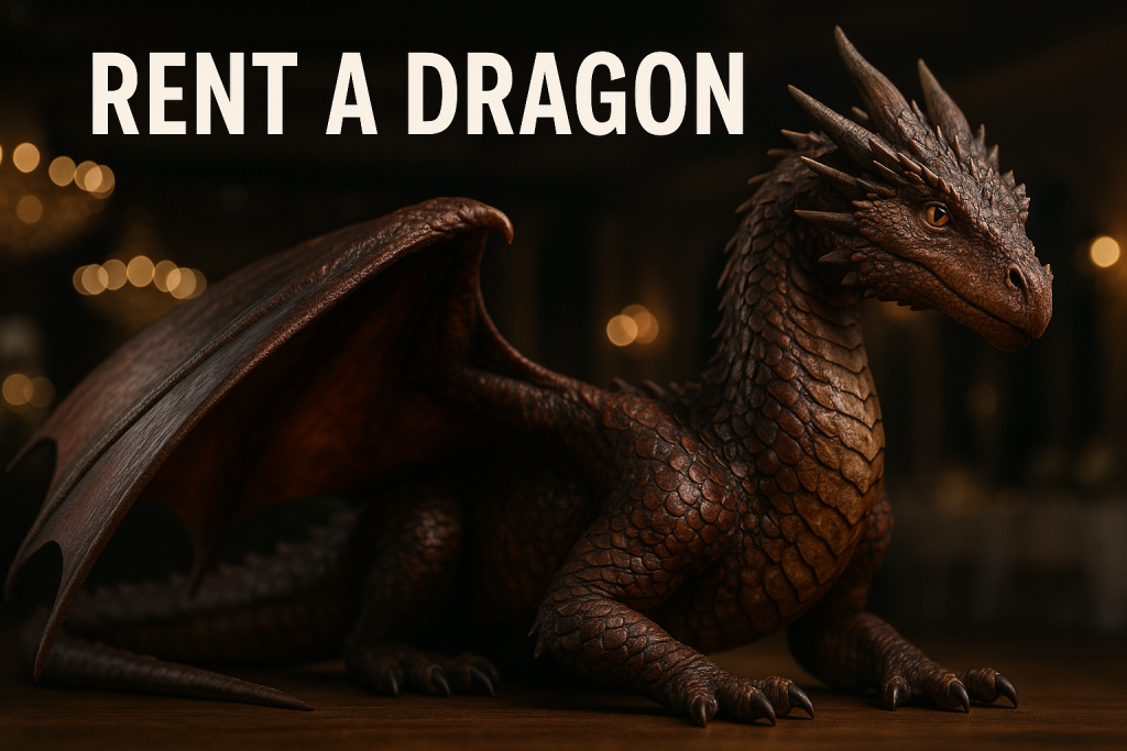 Realistischer Drache mit Text "RENT A DRAGON". Storytelling, Ghostwriting, Fantasy-Texte, Copywriting.