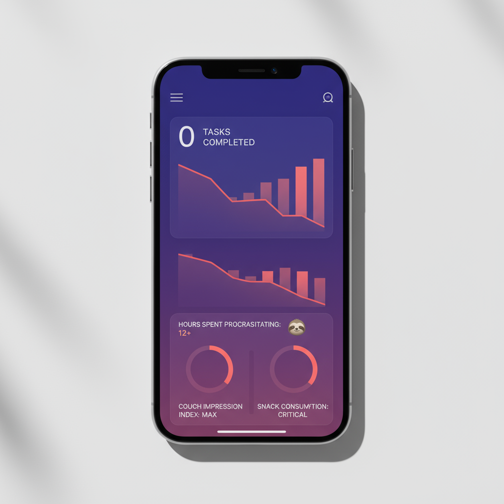 App-Interface mit 0 erledigten Aufgaben, 12+ Stunden Prokrastination und humorvollen Metriken. Storytelling & Kommunikation.