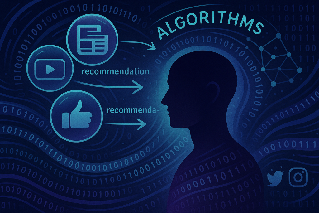 Algorithmen-Essay: Silhouette eines Kopfes, der von Empfehlungs-Algorithmen (YouTube, Like) beeinflusst wird.