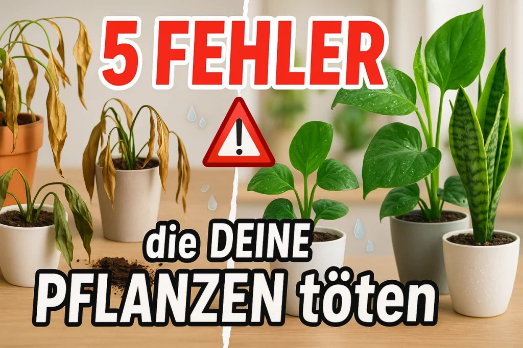 YouTube-Thumbnail: 5 Fehler, die Pflanzen töten. Bildhälfte mit toten Pflanzen, Bildhälfte mit gesunden Pflanzen.
