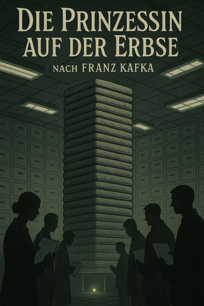 Cover-Illustration: Die Prinzessin auf der Erbse nach Franz Kafka. Kafkaeske Bürokratie, Matratzenstapel, Erbse.