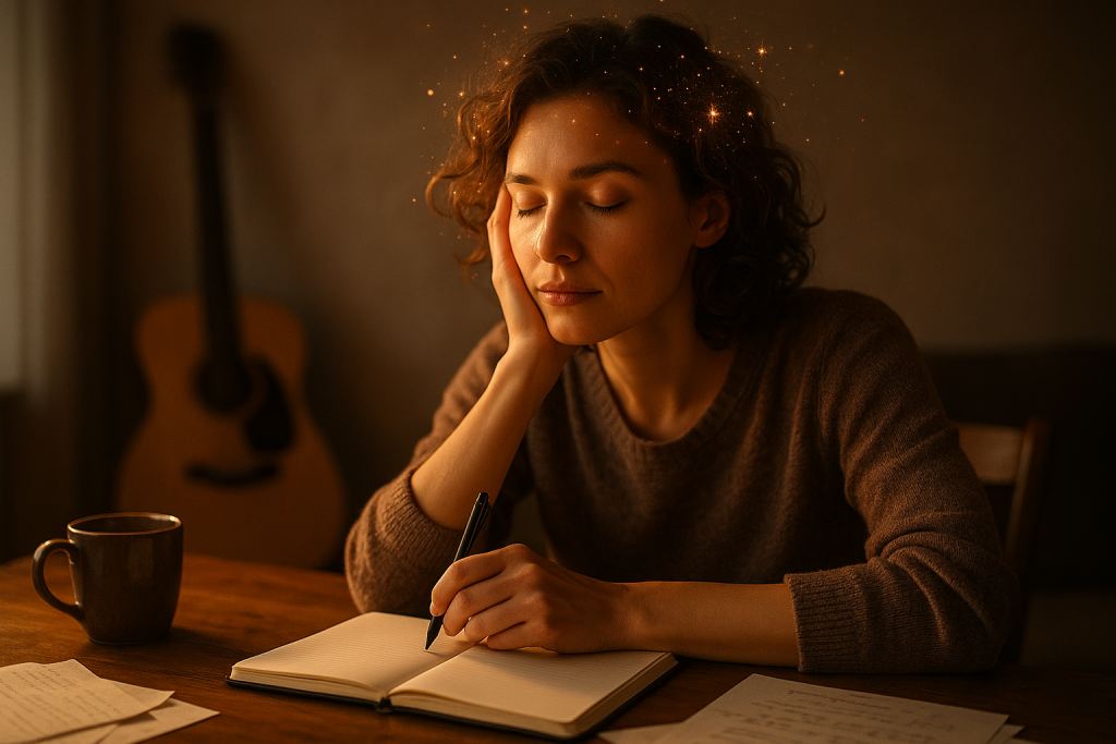 Songwriterin mit Inspiration: Frau schreibt Songtext in Notizbuch, Gitarre im Hintergrund. Kreatives Ghostwriting & Songwriting.