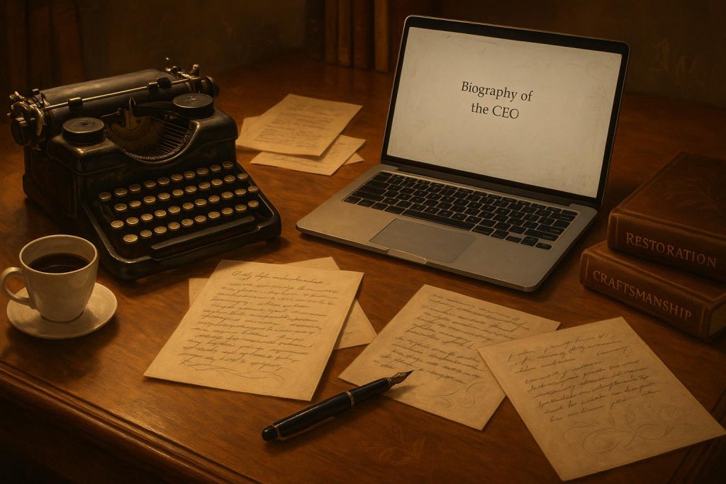 Ghostwriting: Schreibprozess mit Schreibmaschine, Laptop und Notizen. Professionelle Texte für Unternehmen und Biografien.